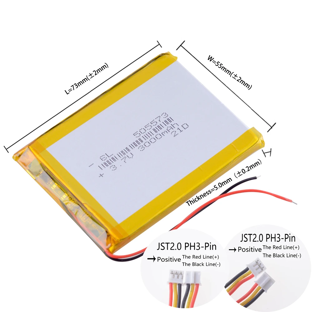 3.7V 3000mAh 11.1Wh Li-Polymer Li Lipo Battery NTC Thermistor 3 Wires JST 3Pin 2.0mm Connector 505573 For GPS DashCam Tablet PC