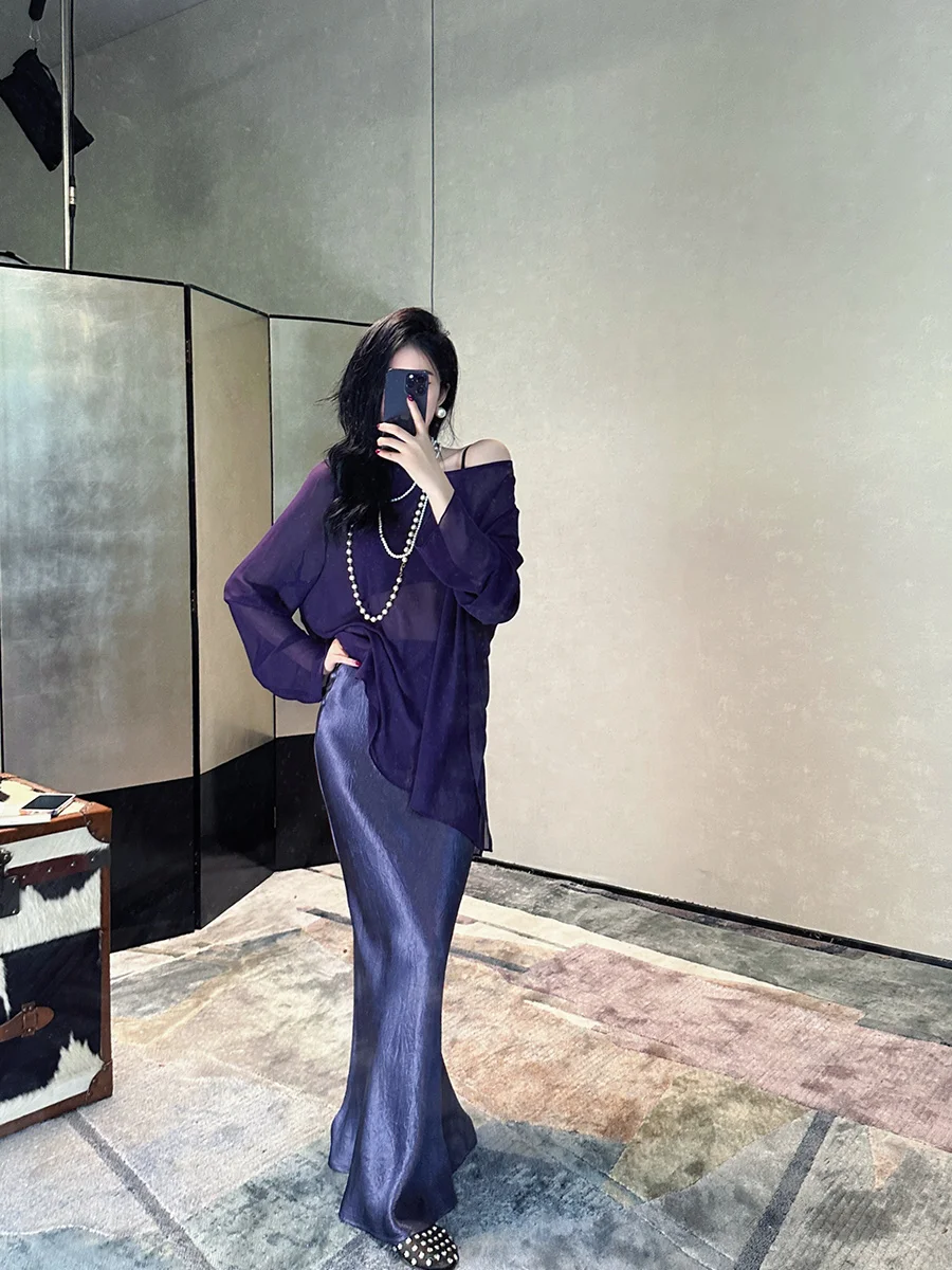 

Лимитированная серия Dangdang Somes "Tianxing" с 3D-стразами, прозрачный свободный топ с защитой от ультрафиолета, длинный рукав, круглый вырез