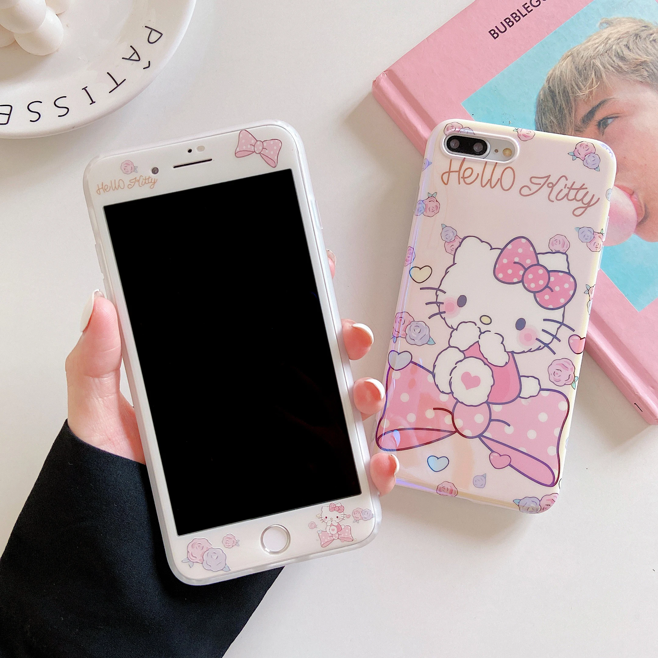 Soft IMD Case+Screen Protector 3D Full Cover Tempered Glass For iPhone X XS Max XR 7 8 Plus 11 Pro 12 13 Sanrio Pattern