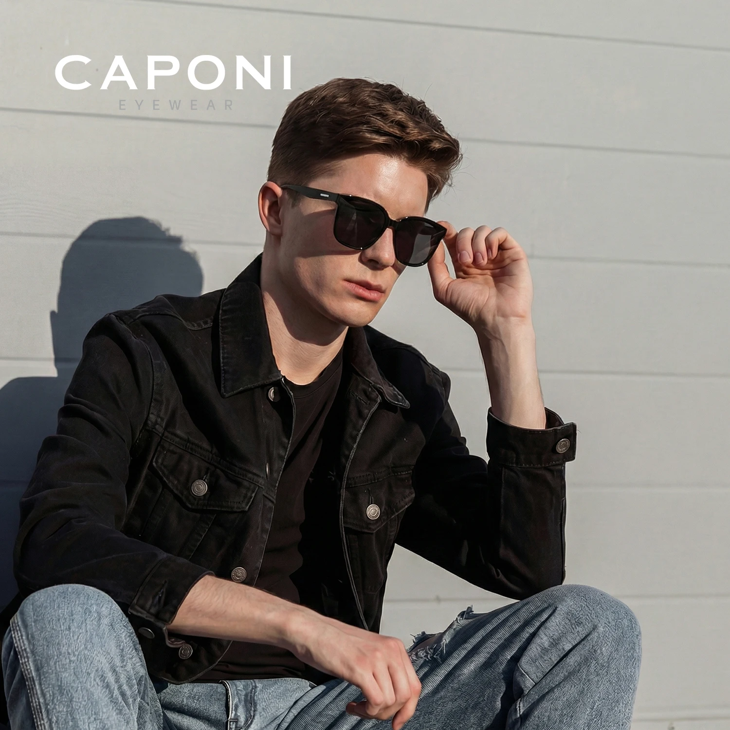 CAPONI Polarized Men Sunglasses Outdoor Driving Acetate Square Unbreakble Black Sun Glasses Anti Glare UV400 Black Shade CP7546