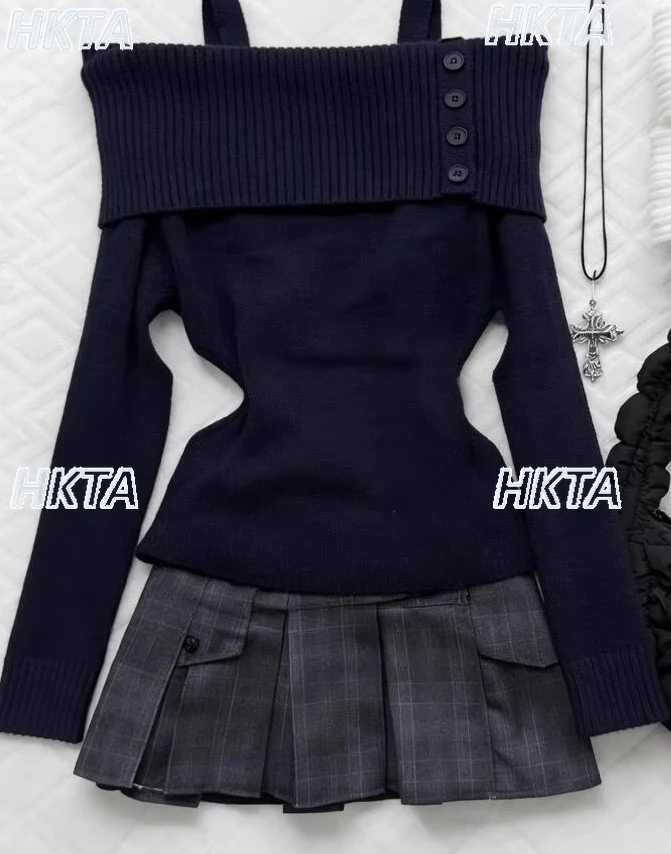 Gothique épaules dénudées mince tempérament tricoté pull hiver trajet élégant col doux à manches longues pull noir haut femmes