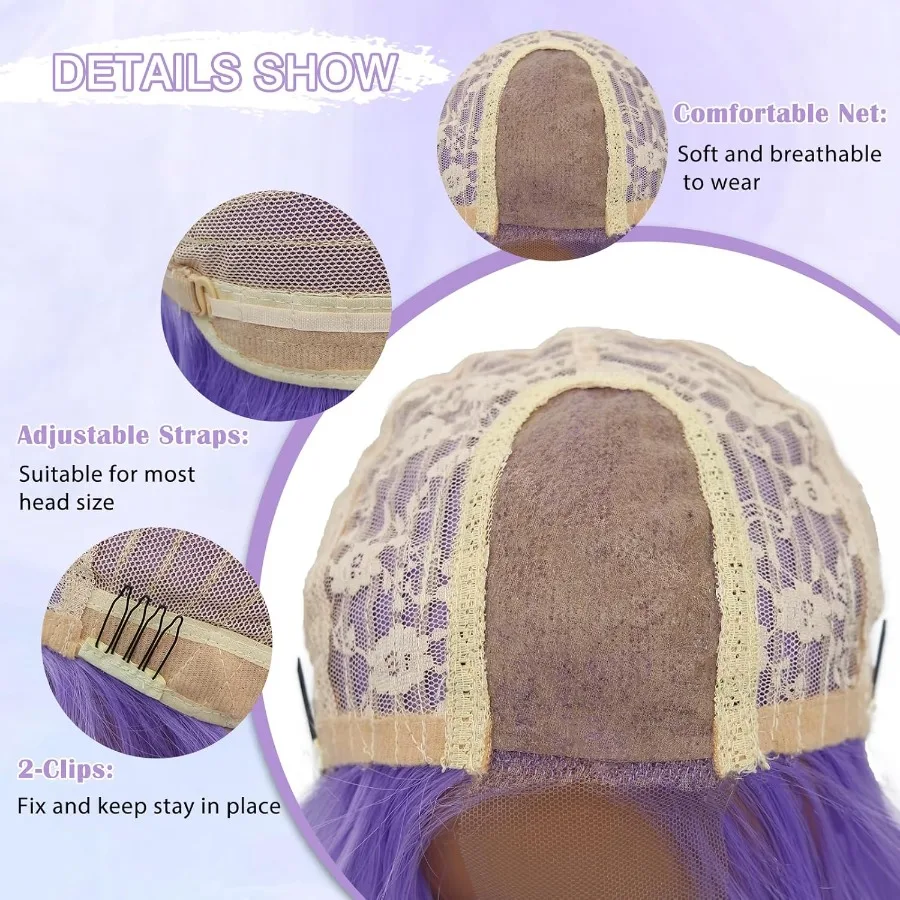 Longo roxo ondulado peruca para mulher 26 Polegada luz roxo parte média encaracolado peruca de cabelo sintético aparência natural fibra resistente ao calor para