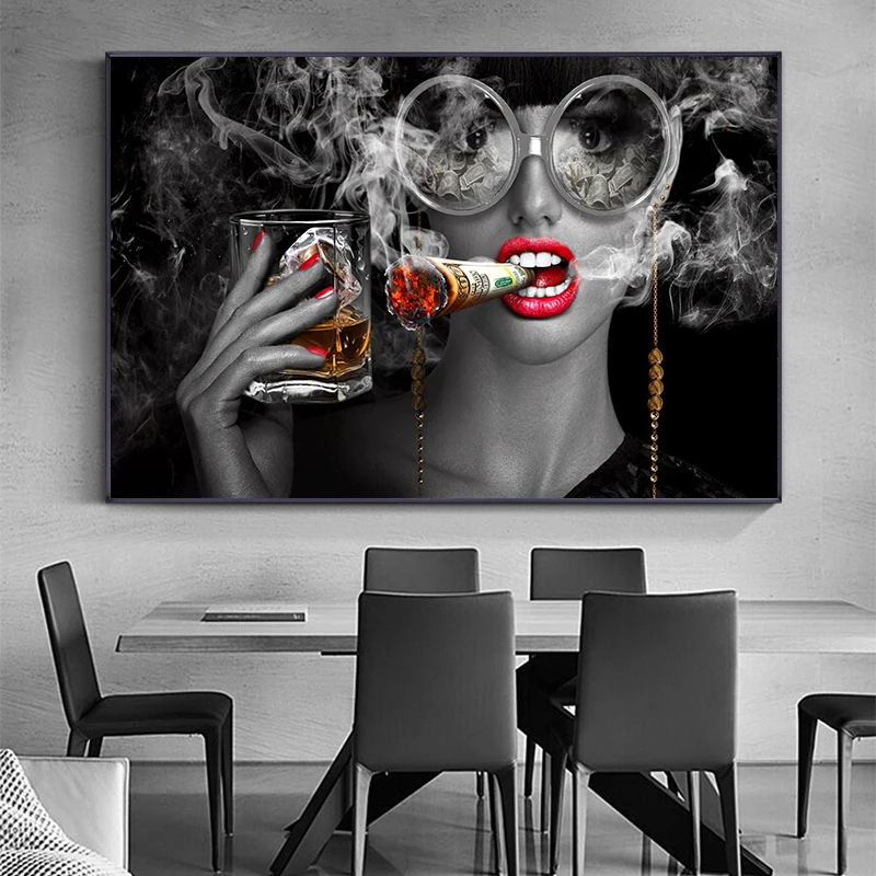 Cool Smoking and Drinking Girl Canvas Painting Posters and Prints Pop Art Woman Wall Pictures for Home Bar Decor Unframed