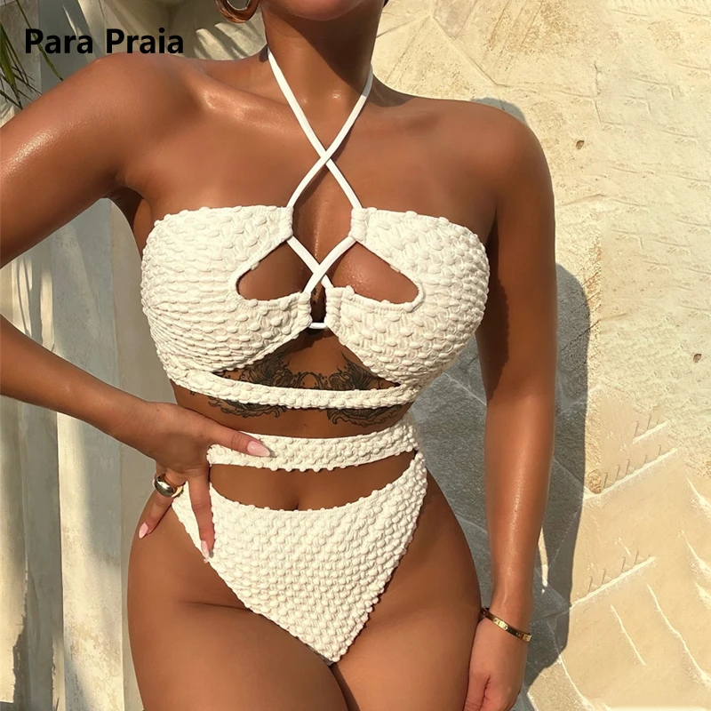 

Para Praia Cross Halter Bikini Set Push Up Female Swimsuit Brazilian Swimwear Women New Hollow Out High Waist Bathing Suit