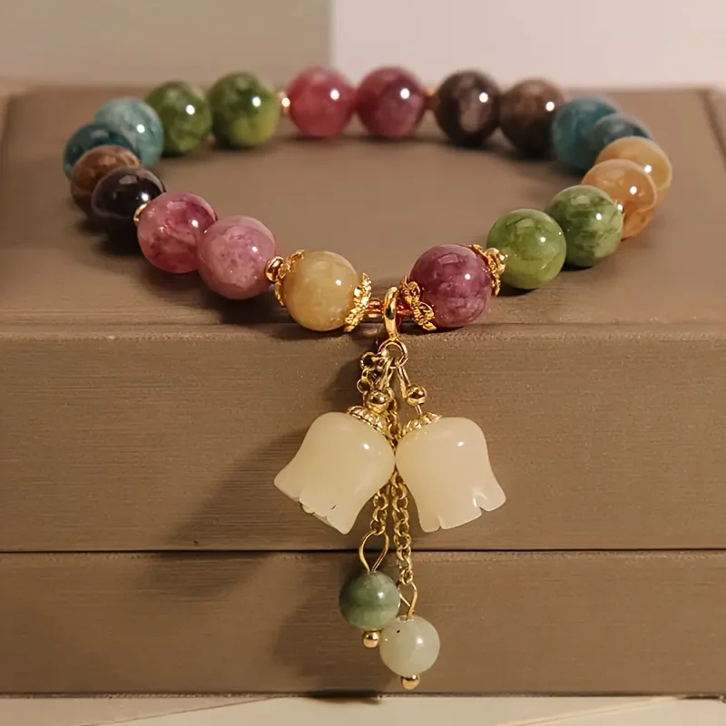 Vintage Antique Style Beaded Bracelet, Chinese Multi Gemstone Wristband with Carved Lily of The Valley Pendant, Retro Heirloom Aesthetic Jewelry Gift for Classic Fashion Lovers image 6