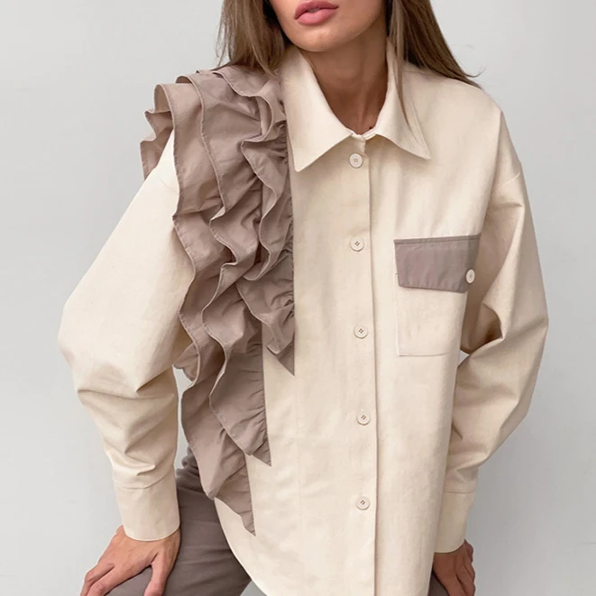 

French Shirt Asymmetrical Top Autumn and Winter New European and American Loose Contrasting Color Casual