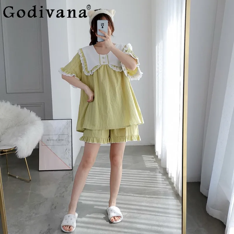Washed Cotton Summer Sweet Bow Peter Pan Collar Pajamas Short Sleeve Shorts Two-piece Set 2025 Girl Loose Ruffles Loungewear