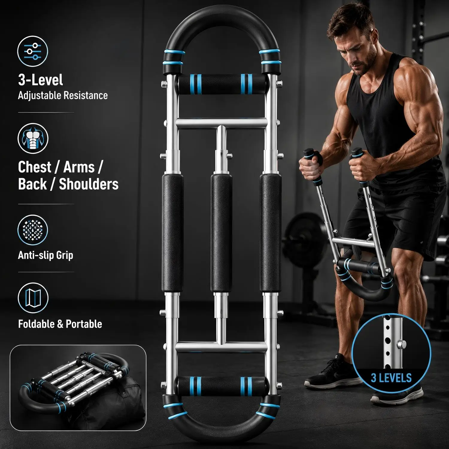 U-förmiger Ganzkörpertrainer mit 3 einstellbaren Intensitätsstufen für Brust, Arme, Bauchmuskeln, Schultern, Oberschenkel – multifunktionales Krafttrainingsgerät für Heimfitness, Fitness-Workout,