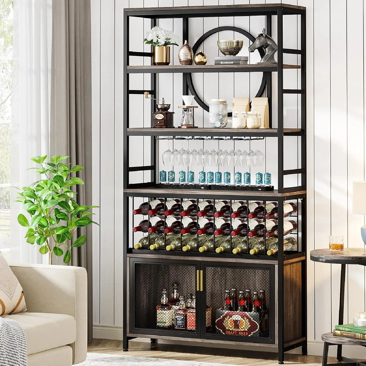 75 Inch Tall Wine Bar Cabinet Wooden Large Capacity Liquor Cabinet Wine Bakers Rack Wine Rack
