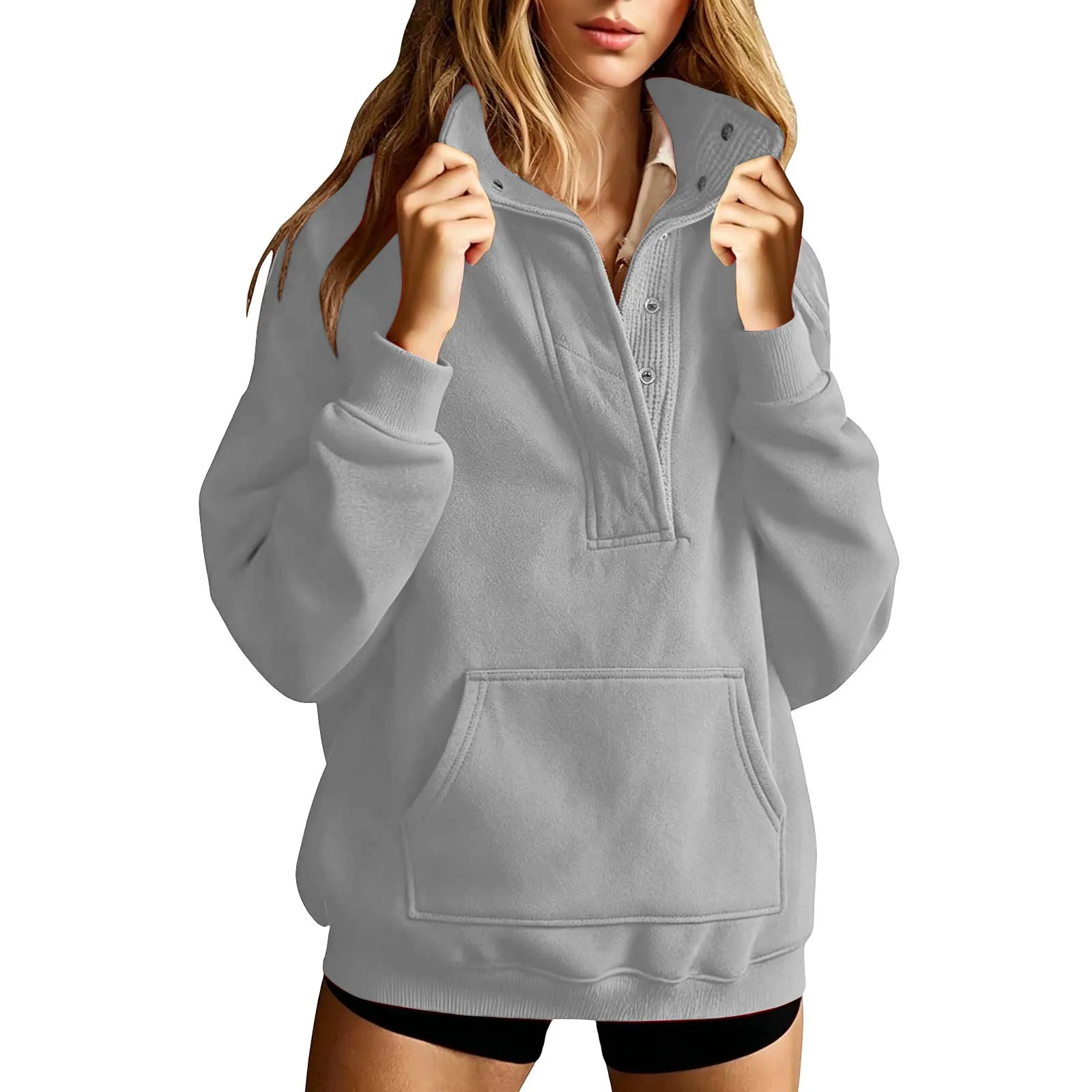 Loose Fit Pocket Hoodie Regular Length Japanese Korean Casual with Patchwork Thick Single Row Multi Button Closure Women Hoodie