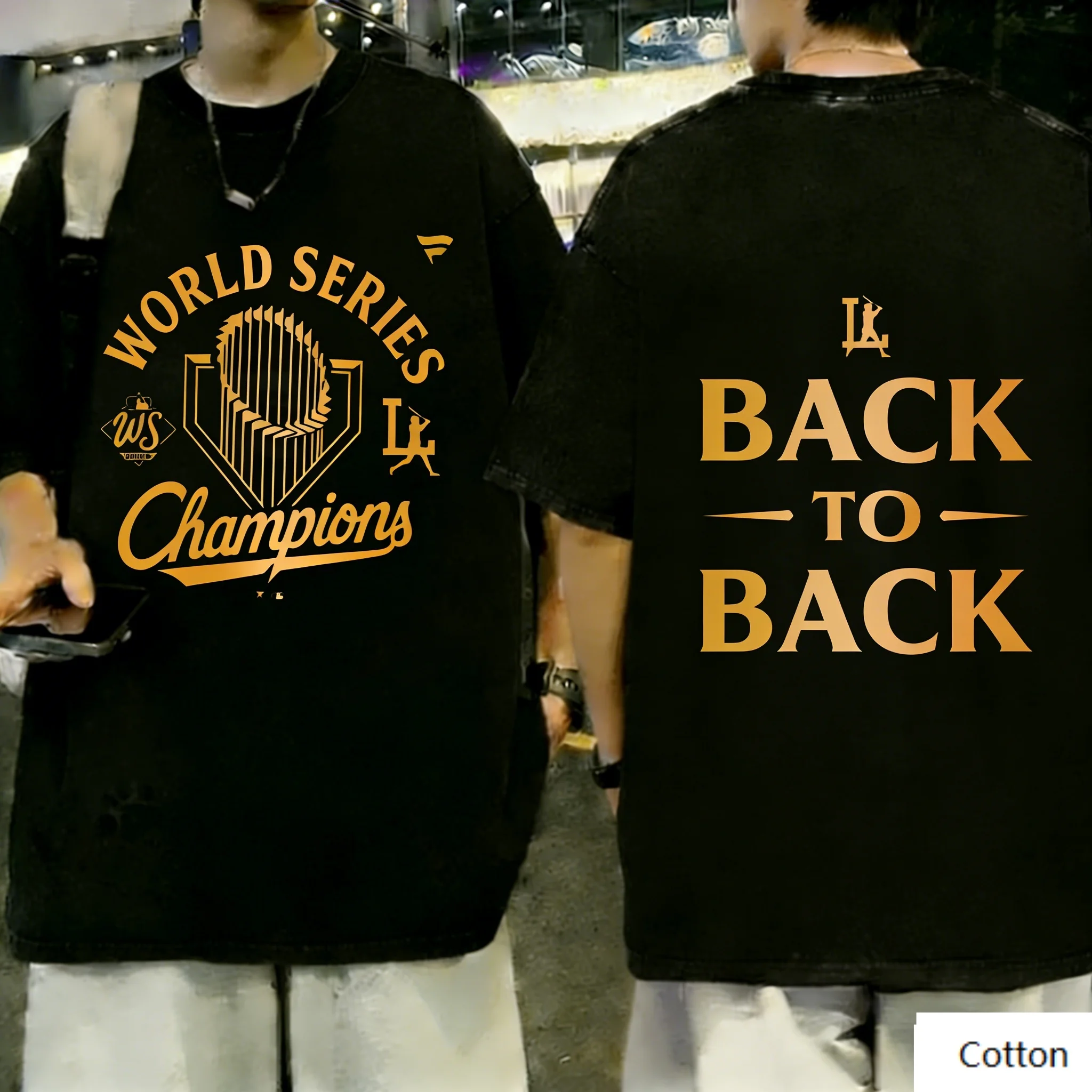 Camiseta Back To Back Champions, 100% algodón unisex, ropa urbana vintage dorada de la Serie Mundial, camiseta para fanáticos del béisbol