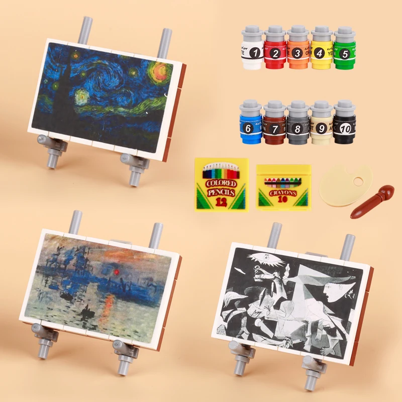 MOC Street View Oil Painting Easel Series Sticker Printed Building Blocks City House Furniture Painter Artist Bricks Friends Toy