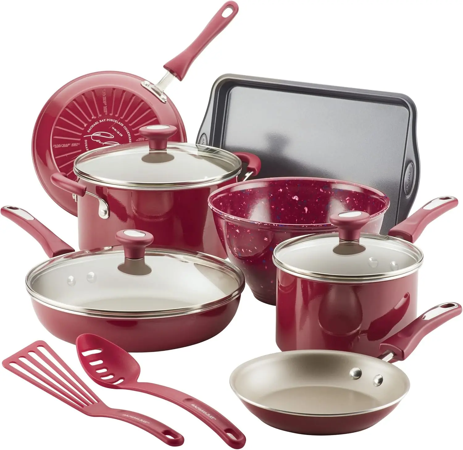 

Набор кастрюль и сковородок с антипригарным покрытием, включает сковороды и инструменты для приготовления пищи, 12 предметов — бордовый, красный
