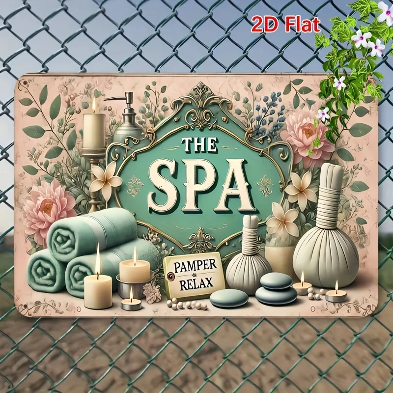 2D Flat, Vintage Spa Relaxation Metal Wall Art Sign - Heavy-Duty Iron Indoor/Outdoor Spade & Floral Emblem Design Suitable for H