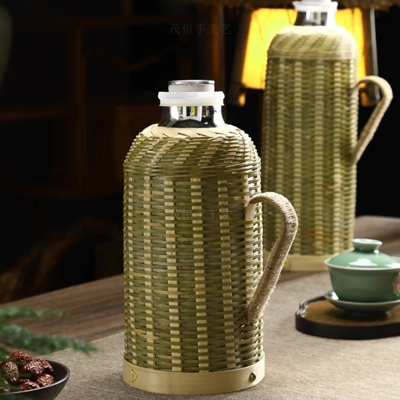 Handwoven Bamboo Thermos with Wooden Stopper Glass Liner Hot Water Bottle for Home Tea Room Office Heat Preservation Flask view 3
