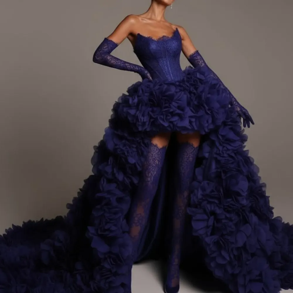 

2025 Trending Luxury Deep Blue Floral Organza Ball Gown Skirt High Low Flower High Slit & Train, Evening Wedding Party Skirts