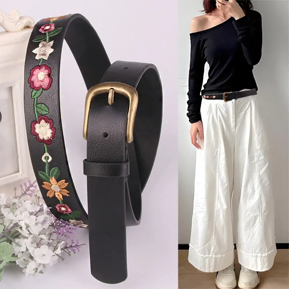 

Retro Embroidery Flower Belt Fashion Casual Bohemian Style Waistband PU Leather Chinese style Embroidered Floral Belt Women