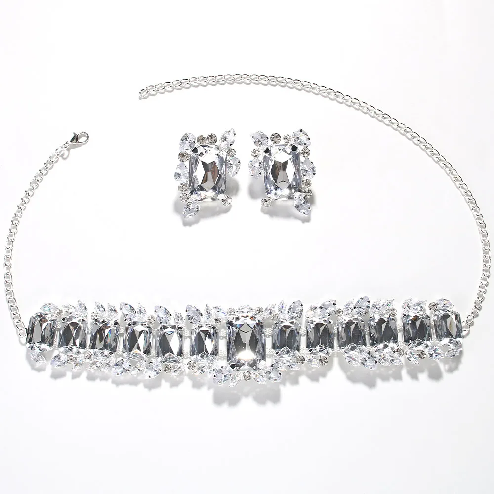 Stonefans Bride Crystal Necklace Earrings Set Bridesmaid Wedding Jewellry Two Pieces Choker Necklace Prom Costume Jewelry Sets