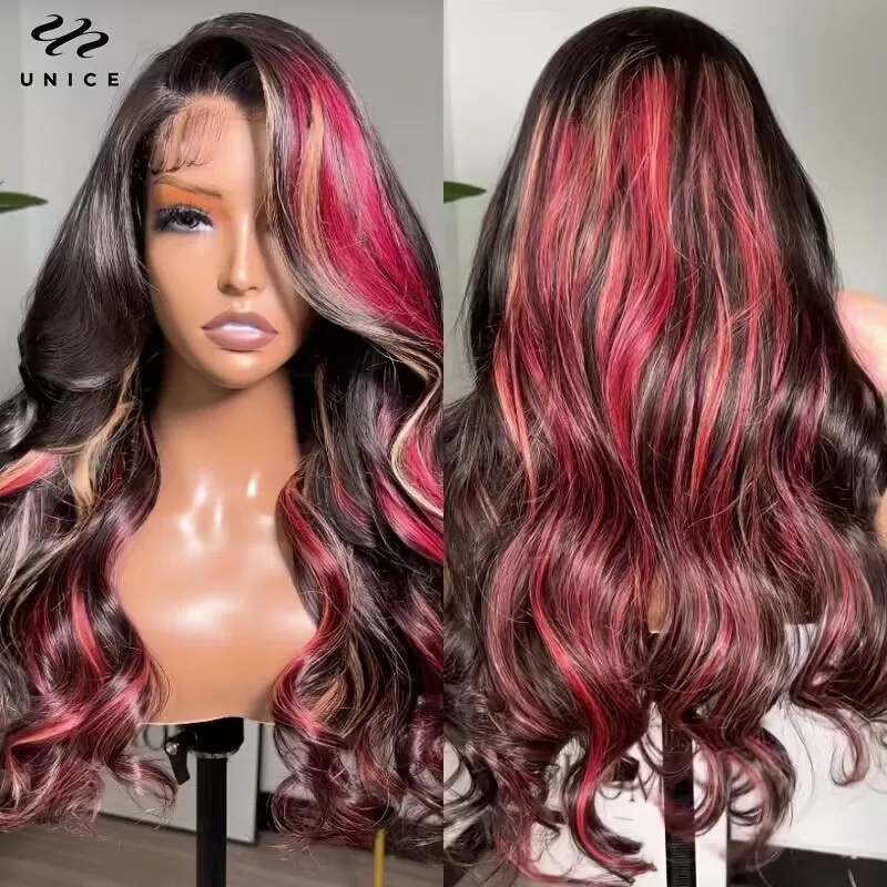 

UNice Hair Burgundy with Blonde Highlights 13x4 Lace Front Wig Human Hair Loose Wave Wig Black with Red & Blonde Wavy Wigs