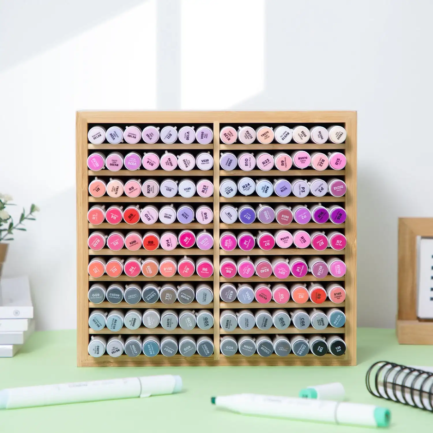 Bamboo Marker Organizer Wooden Desktop Storage Hold 128 Markers Pens Pencils Art Brushes Stationary Organizer Pen Holder - view 4