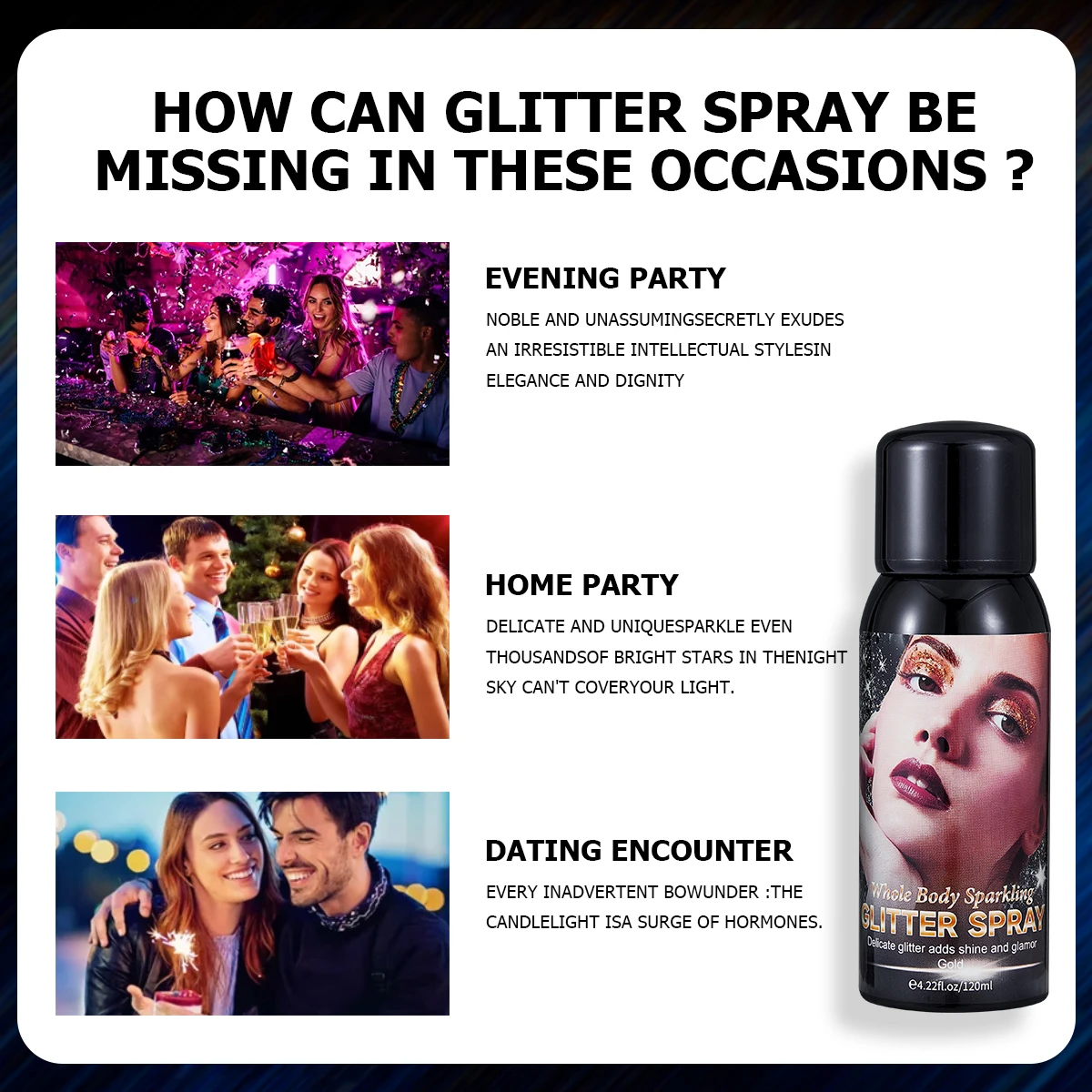 1 garrafa/120ml spray de glitter cosmético spray de alto brilho natural tridimensional brilho de longa duração