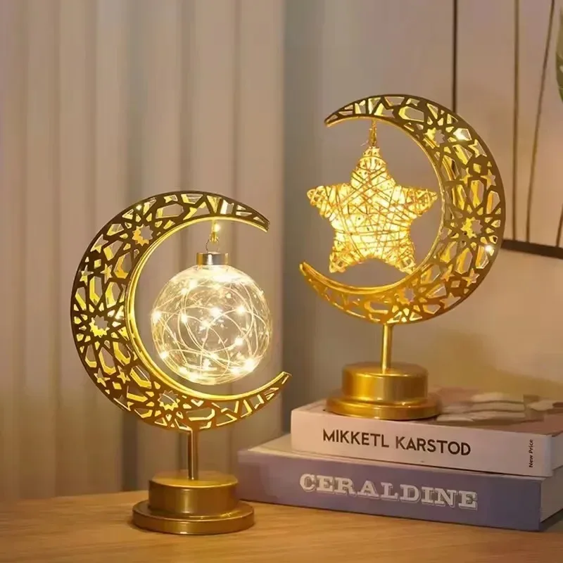 Ramadan LED Night Light Rotating Iron Moon and Stars Eid Mubarak Decor for Middle Eastern Home Table Festival Decoration Lamp ﻿