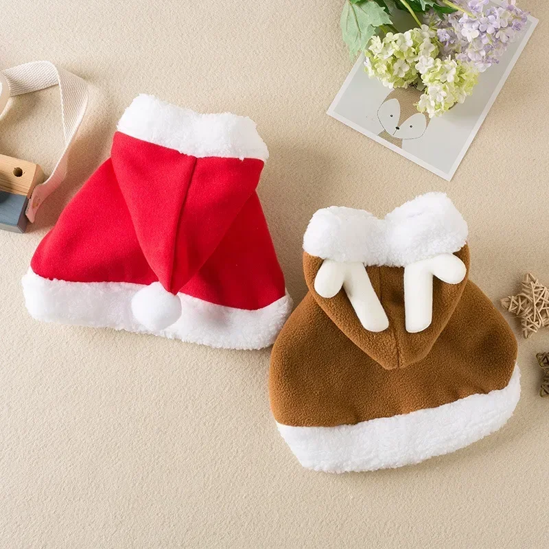 Christmas Pet Santa Cosplay Elk Costume Dog Puppy Hoodie Coat Clothes Soft Plush Warm Cloak Outfit for Small Dogs Cats Costume