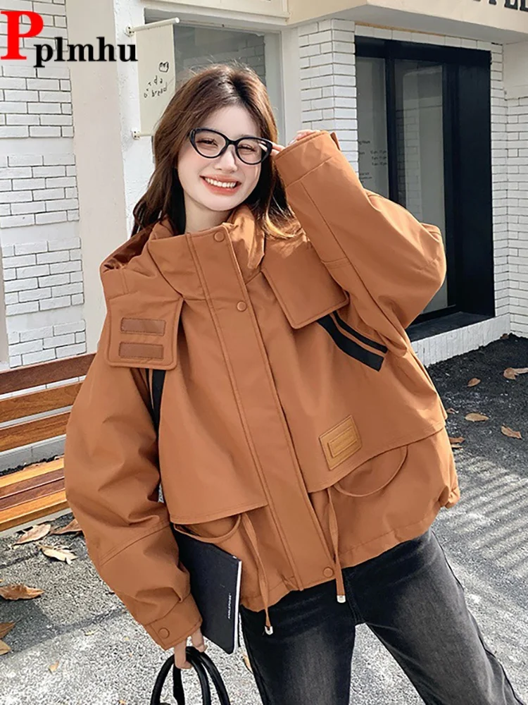 

Short Women's Casual Baseball Jackets Oversize Hooded Baggy New Zippers Chaquetas Korean Fashion Loose Warm Cargo Jaquetas