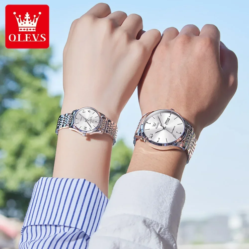 OLEVS-Montres Mécaniques Automatiques pour Couple, Acier Inoxydable, Cadran Simple, Date Semaine, Montres-Bracelets Shoes Étanches, Luxe