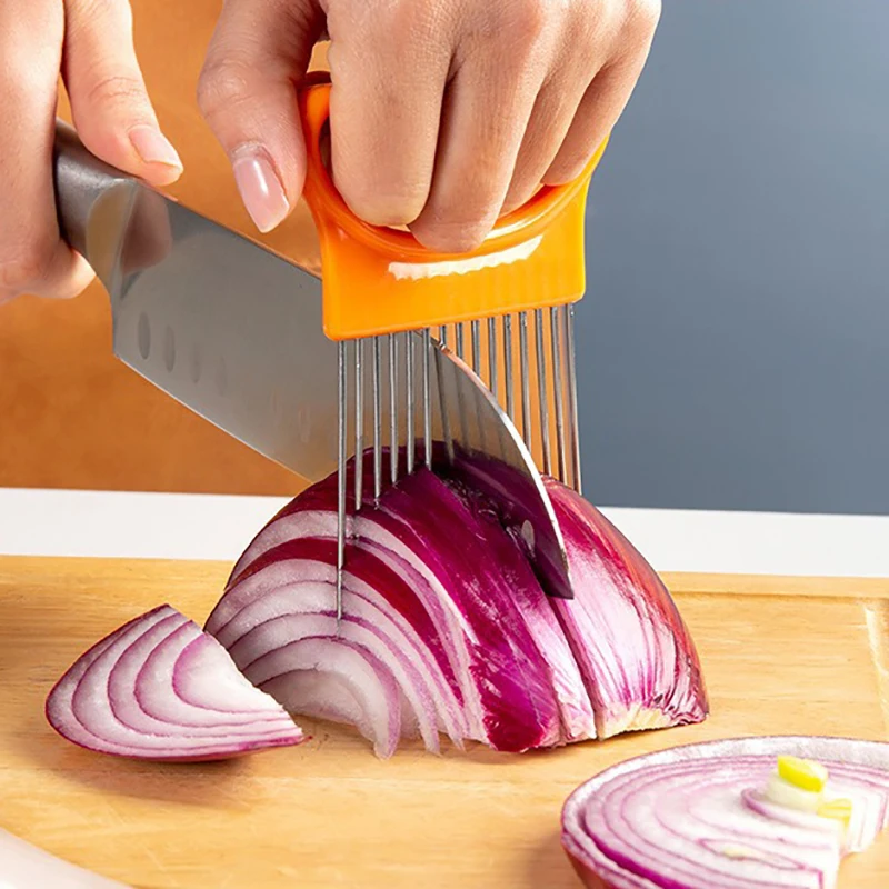 

Effortlessly Slice Onions with this Colorful Onion Slicer Kitchen stainless steel potato chip onion holder for chopping assi