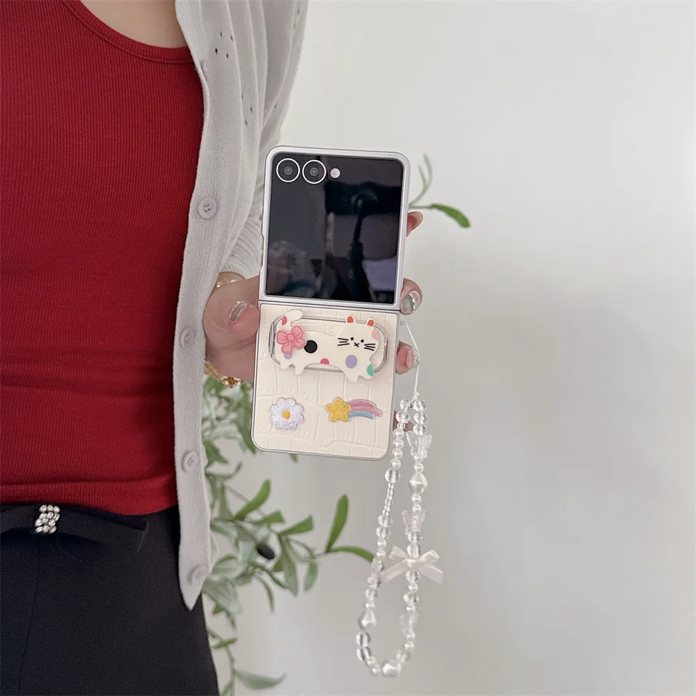 

Cute Rainbow Bow Puppy Fold Stand Mirror Phone Case for Samsung Galaxy Z Flip7 flip5 6 Flip 4 3 Flip6 Leather Protective Cover