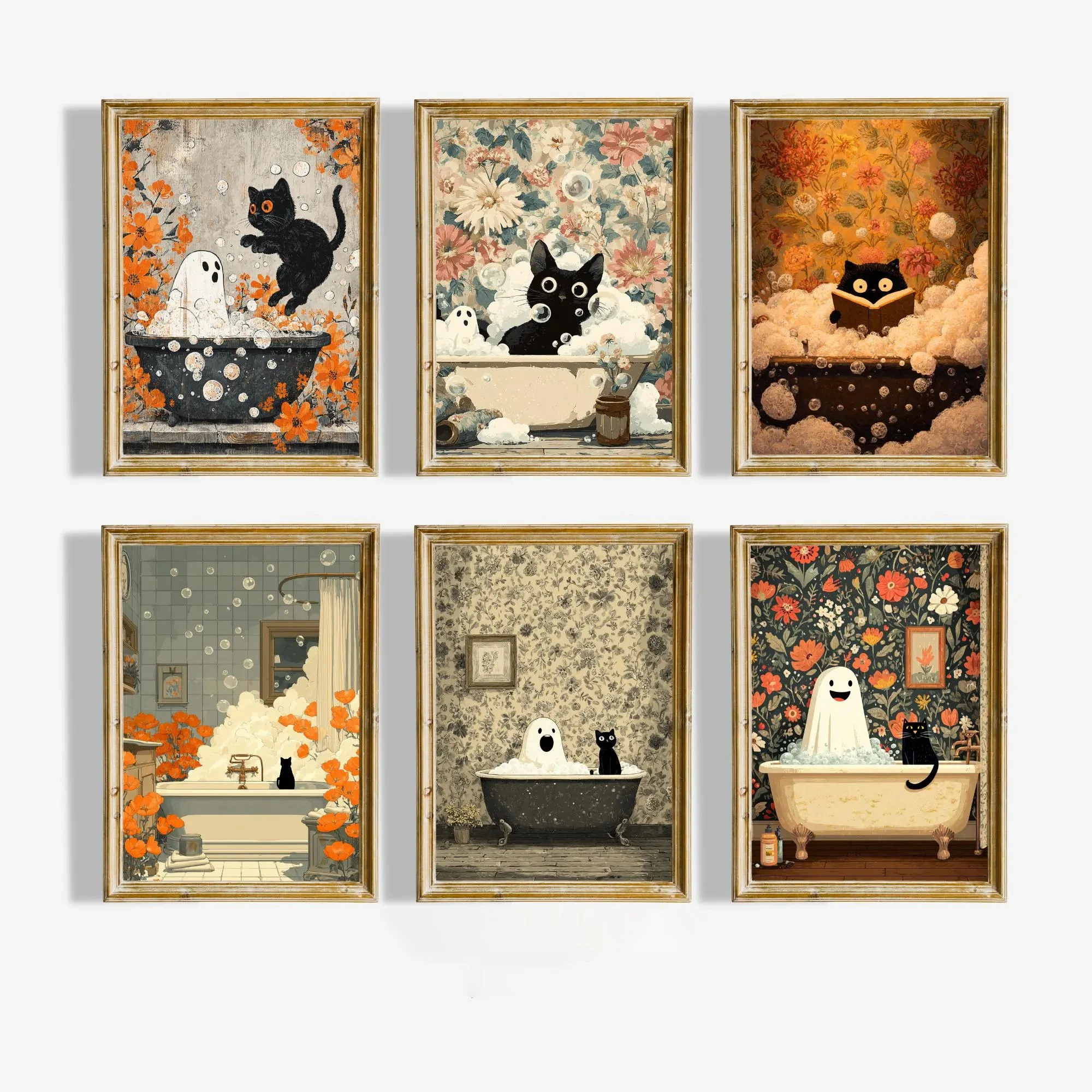 Impresión en lienzo de gatos negros fantasmales en la bañera, pósteres artísticos de Halloween con burbujas extrañas para sala de estar, baño, decoración del hogar de otoño G