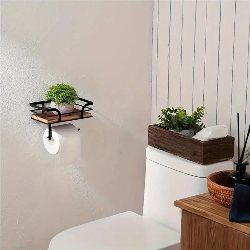 -November Space-Saving Forged Iron Wall-Mounted Tissue Holder With Recycled Wooden Storage Rack-Eco-Friendly Bathroom Organizer