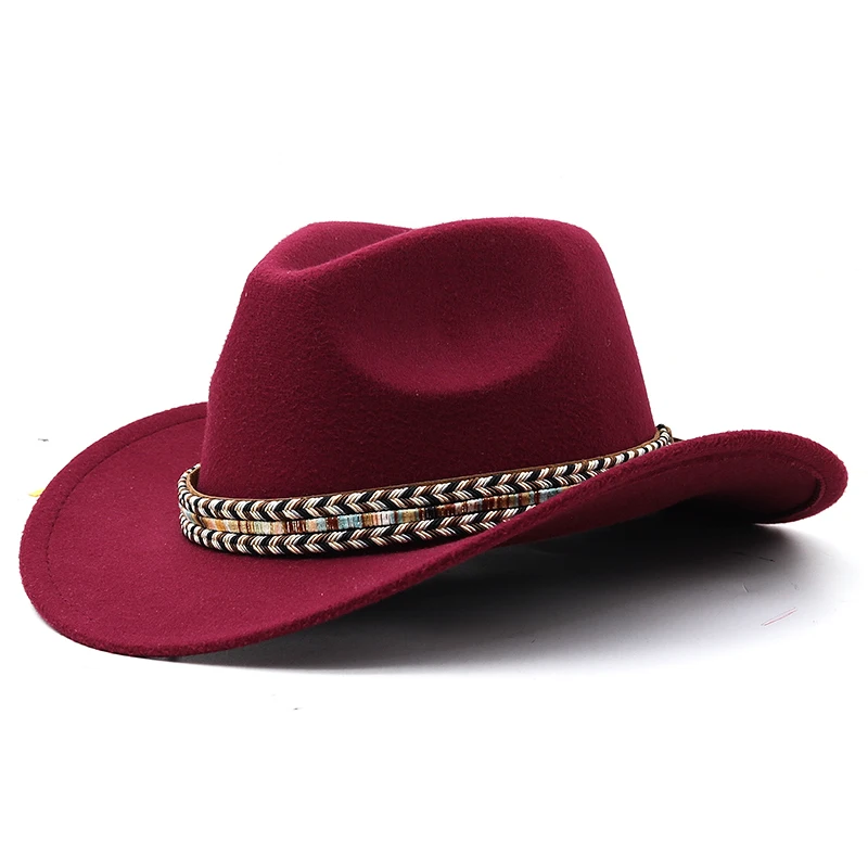 Big Size Wool Women\'s Men\'s Western Cowboy Hat For Gentleman Lady Jazz Cowgirl With Leather Cloche Church Sombrero Caps