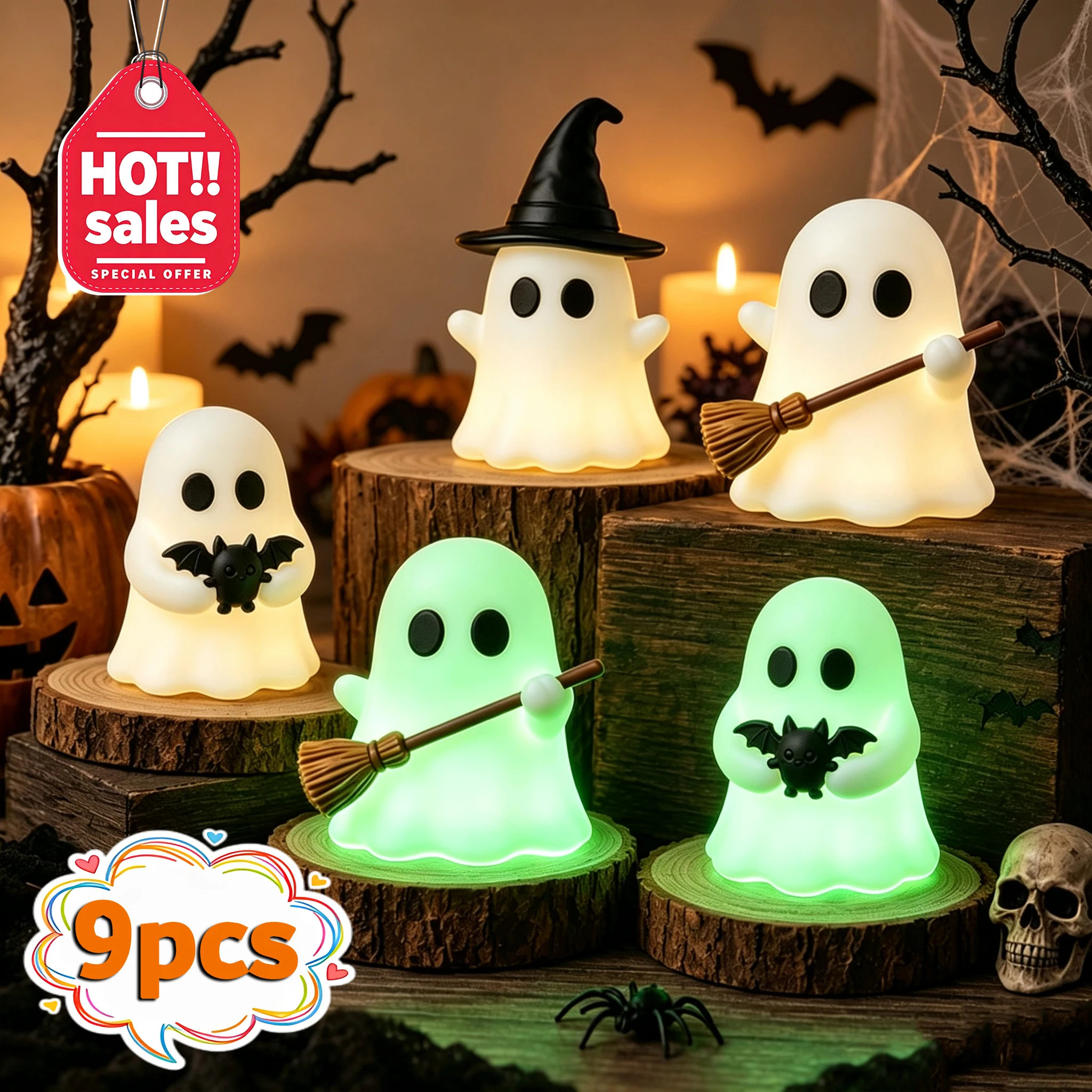 9Pcs Halloween Luminous Mini Ghost Statue Soft Glow In Dark Ornament Cute Spooky Table Decor for Baking Topper Handcraft Holiday