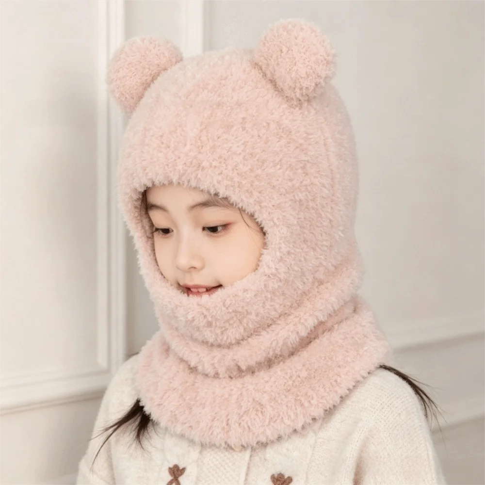 Bear Scarf Mask Integrated Hat Coldproof Cartoon Children Windproof Hooded Hat Plush Soft Warm Lining Kids Balaclava Hat Sports