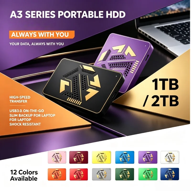 2.5 Inch New A3 Series External HDD, USB3.0 On-the-Go Portable Hard Drive High Speed Data Transfer 2TB 4TB