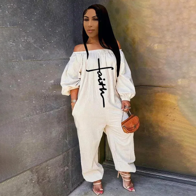 Solid Off Shoulder Jumpsuit for Women Embroidery Letter Overalls Bodysuits Long Sleeve Rompers Loose Cross Pants Jumpsuits 2023