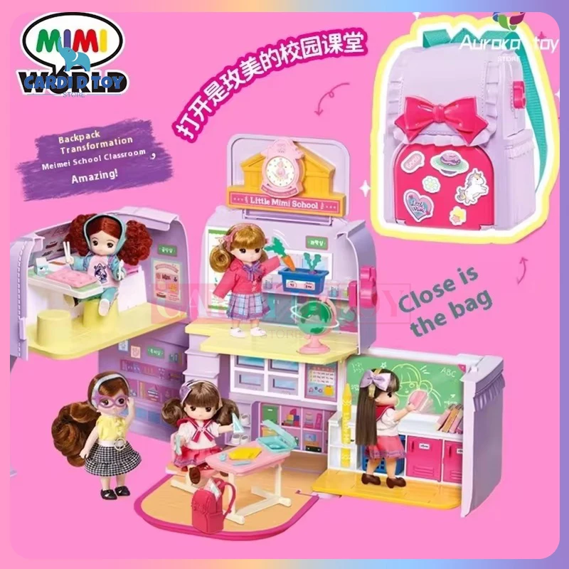 Kawaii Mimiworld Girl Playing House Doll Toy Meimei Backpack  Anime Figures Classroom Girls' School Scene Girls Birthday Gifts