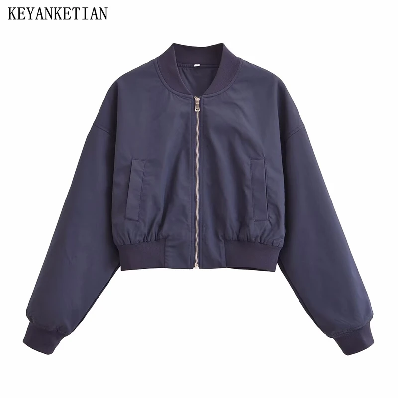 KEYANKETIAN 2024 Autumn/Winter New Women's Dark Blue Cropped Jacket Simply Screw Thread Patchwork Zipper Loose Casual Coat Top