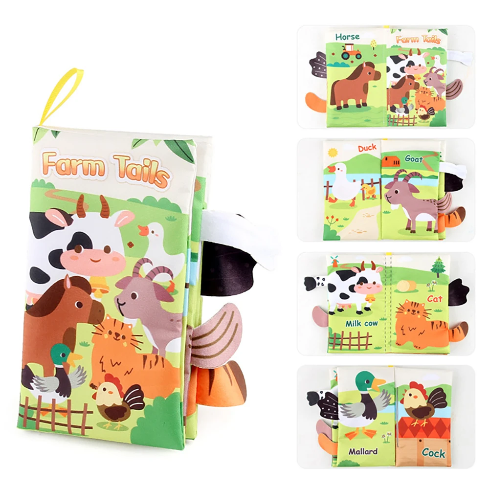 Animais dos desenhos animados Livro de pano de cauda para o bebê, Papel Educacional Anéis, Brinquedos de Iluminação, 0-12 meses, novo