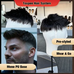 Human Hair System Pre-Cut Mono Base Toupee For Men Unit Ready To Wear PU Wigs For Men Durable Male Hair Prosthesis Men's Wigs