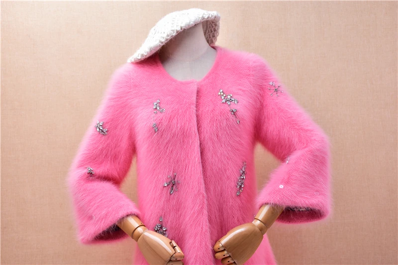 Women Mujer Autumn Winter Thick Warm Pink Beading Hairy Mink Cashmere Knitted Three Quarter Sleeves Slim Cardigan Sweater Jacket