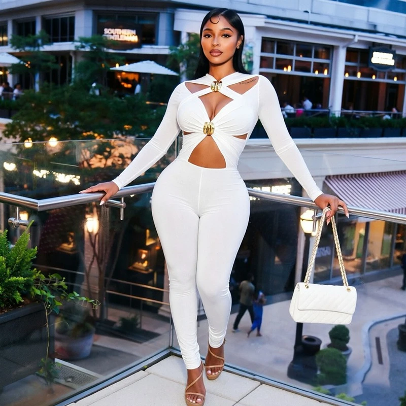 Sexy Hollow Out Bandage Jumpsuits Woman Long Sleeve Skinny Stretchy Party Club Midnight One Piece Romper Birthday Outfits Mono