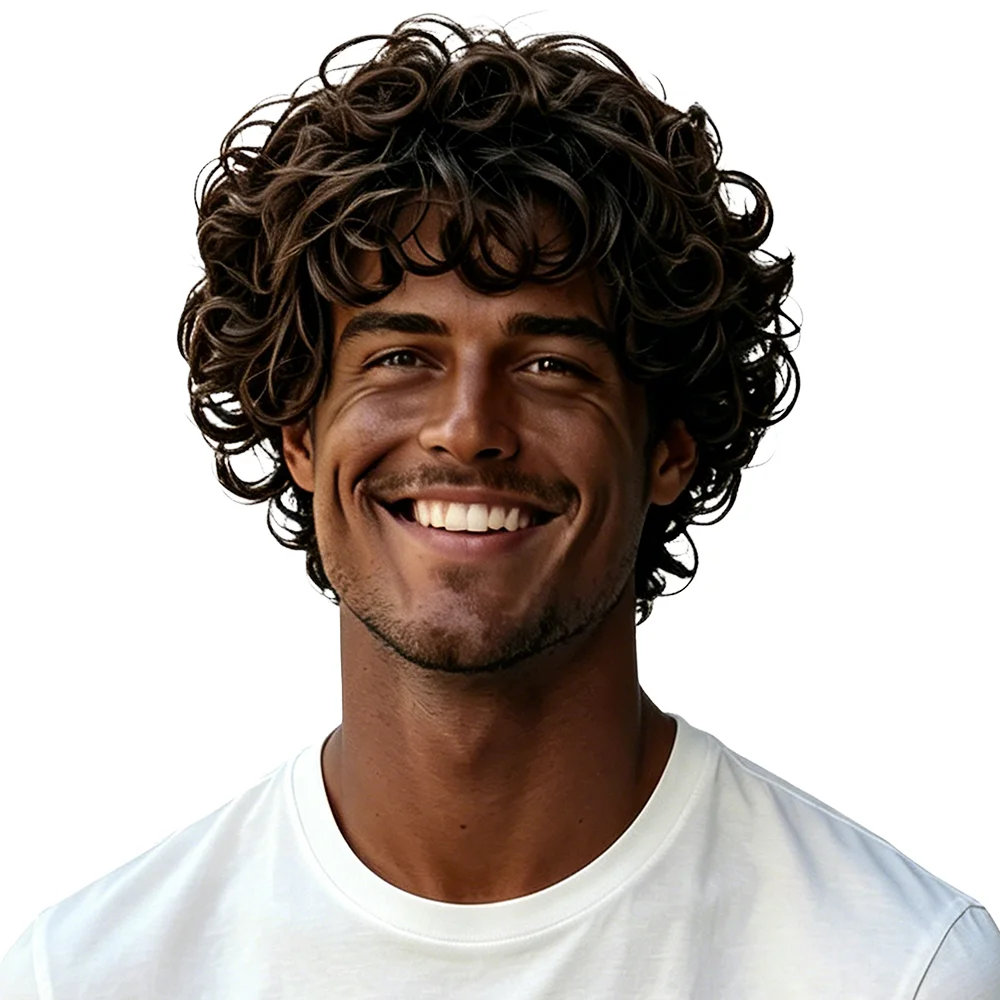 African American Men Short Curly Wig Natural Looking Dark Brown Heat Resistant Synthetic Full Wig For Daily Cosplay Wear