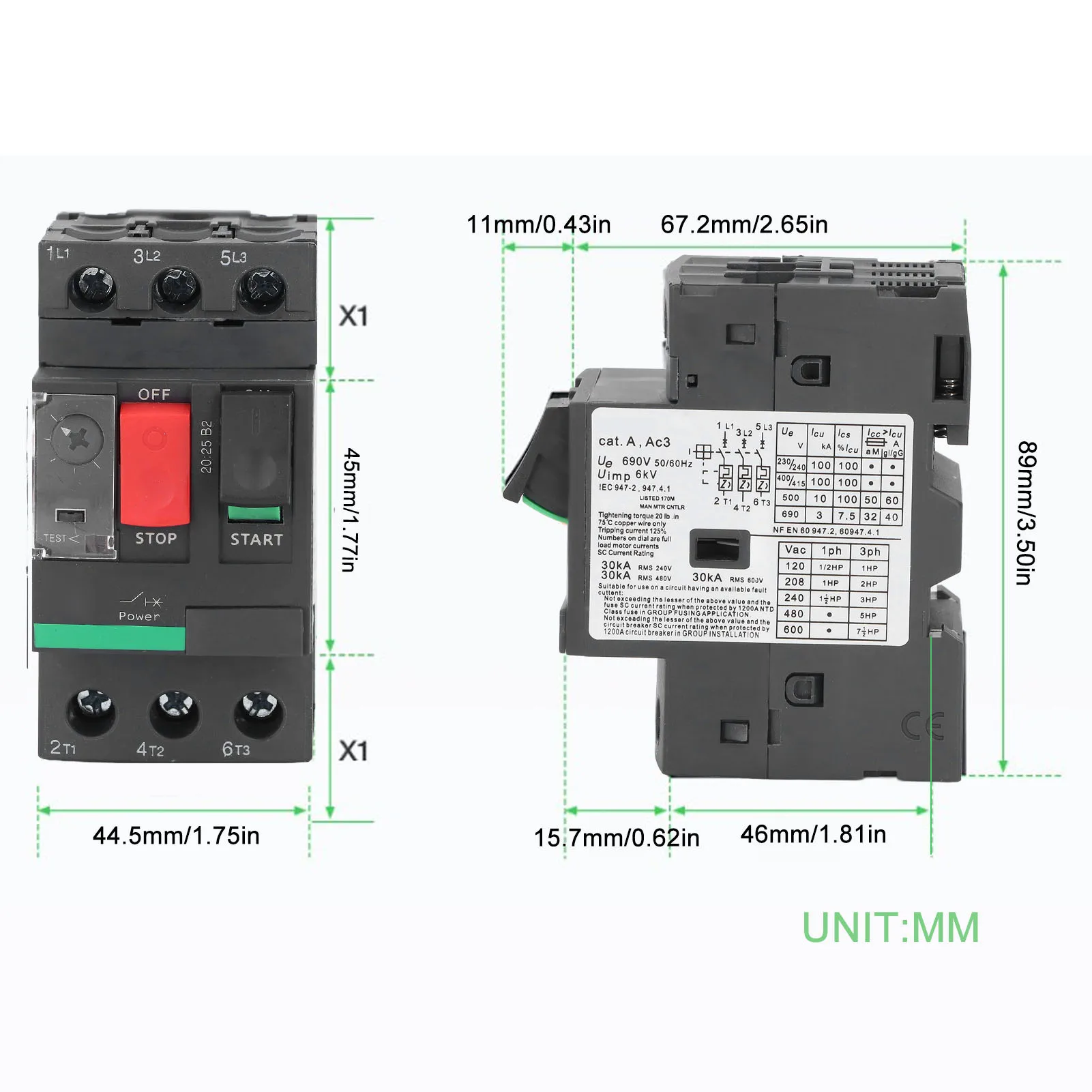 4‑6.3A Motor Circuit Breaker Overload Prevention Motor Protector Switch AC 690V Easy Install Motor Protector Circuit Breaker