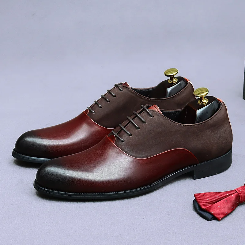 

Mens Two Tone Genuine Leather Oxfords Matte Suede Patchwork Formal Dress Shoes for Men Lace Up Luxury Business Office Footwear