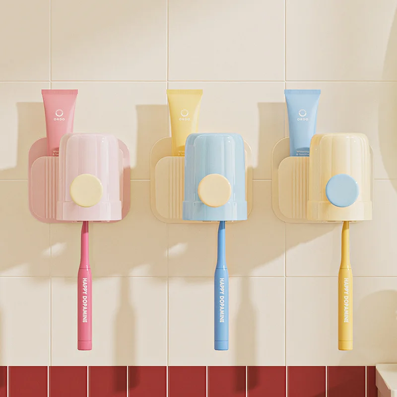 Bathroom Wall-Mounted Toothpaste Storage Rack Simple Design No-Drilling Required Toothbrush Cup Holder Modern Minimalist Orga...