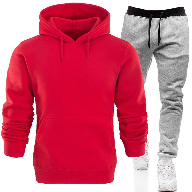 Spring Autumn Men's Sports Suits Plus Size Hoodie Set Solid Color Fashion Hooded Pullover Sweatshirt Pants Two Piece Set