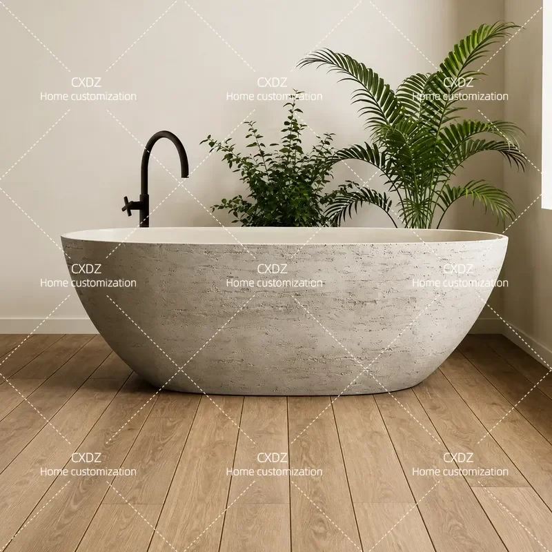 French Style Flaxen Egg Shaped Travertine Granular Bathtub Independent Creative Luxury Bathroom Tub for Hotel Home Decor